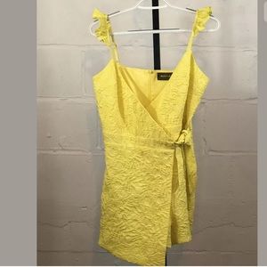 4S13NNA Textured Faux Wrap Romper Yellow Tie Waist